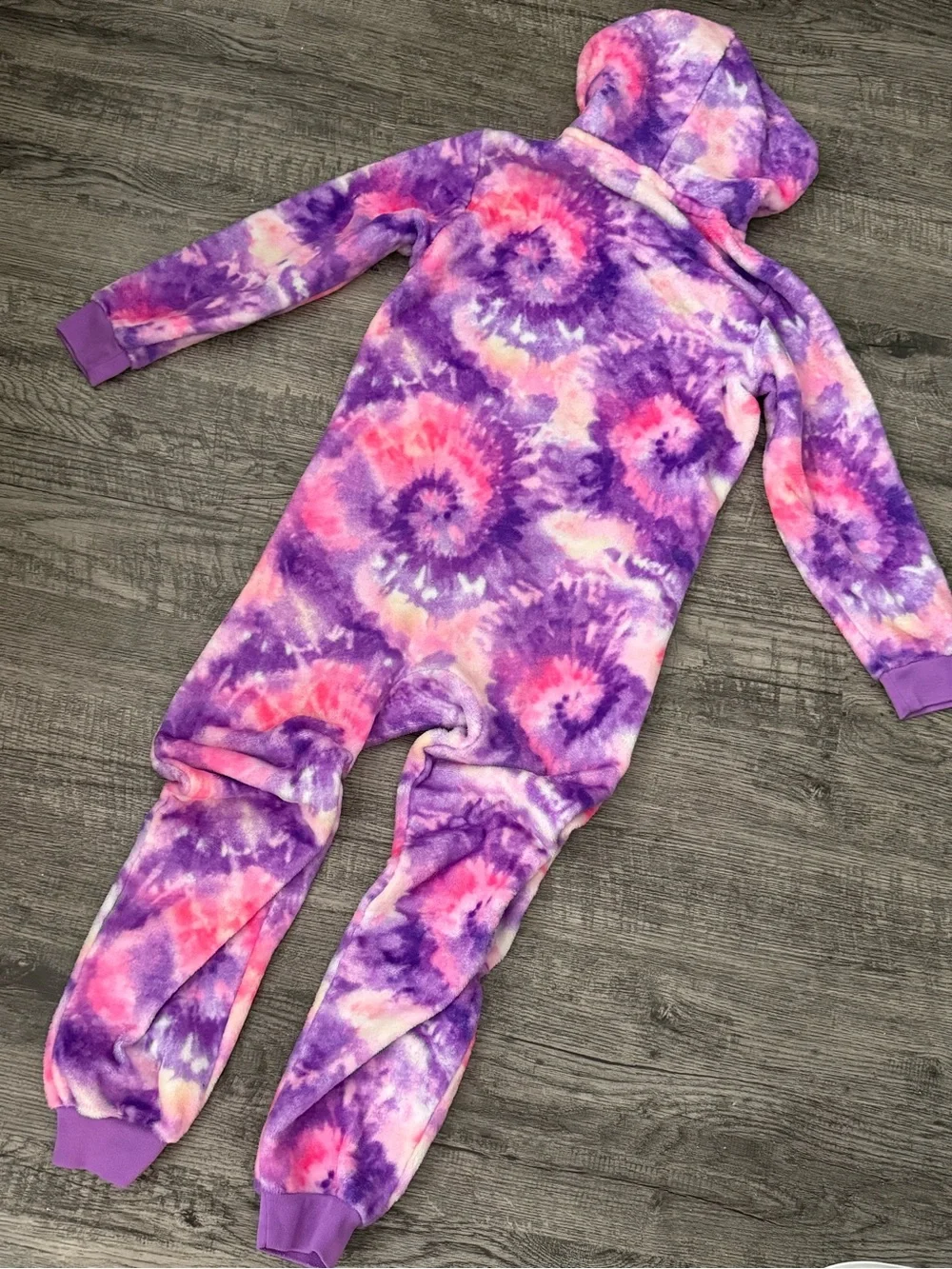 Childrens Place one-piece hooded tie dye print pajamas